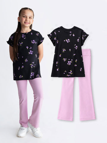 Cotton Long Top & Flared Leggings Set